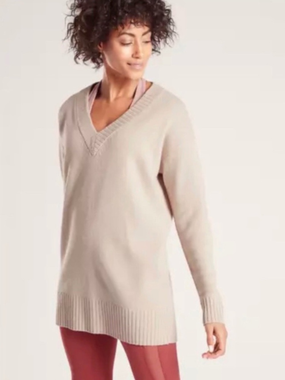 Athleta Wool Cashmere V-Neck Ribbed Tunic Sweater Cream Tan XS